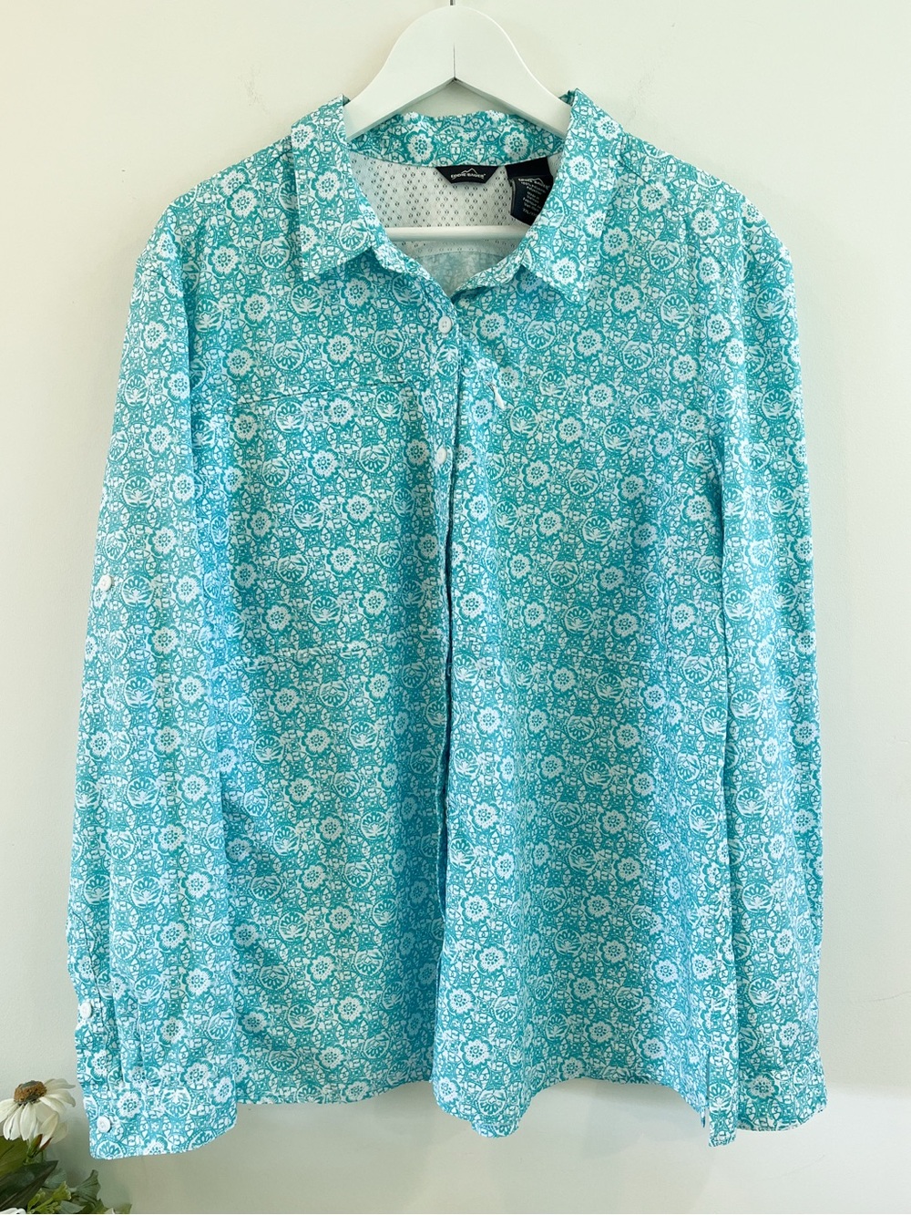 Eddie Bauer Lightweight Long Sleeve Button Down Teal Print Top Size XXL